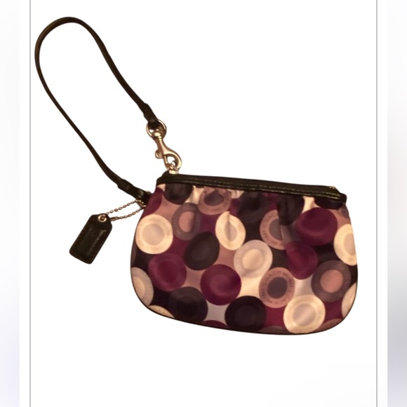 COACH Signature Circles Wristlet Satin Gray Berry with Leather Strap - Picture 1 of 6